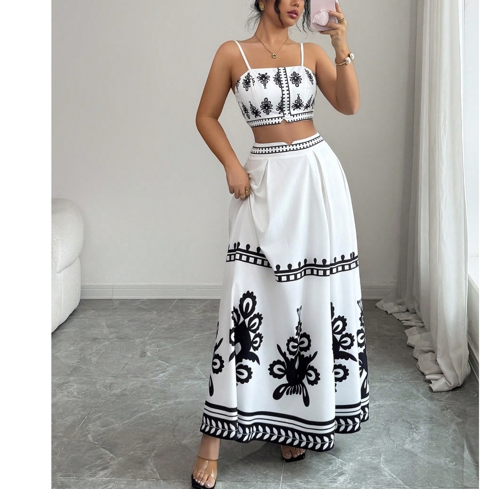 Boho Allover Print Smocked Cropped Cami top Maxi Skirt Set - Picture 1 of 4